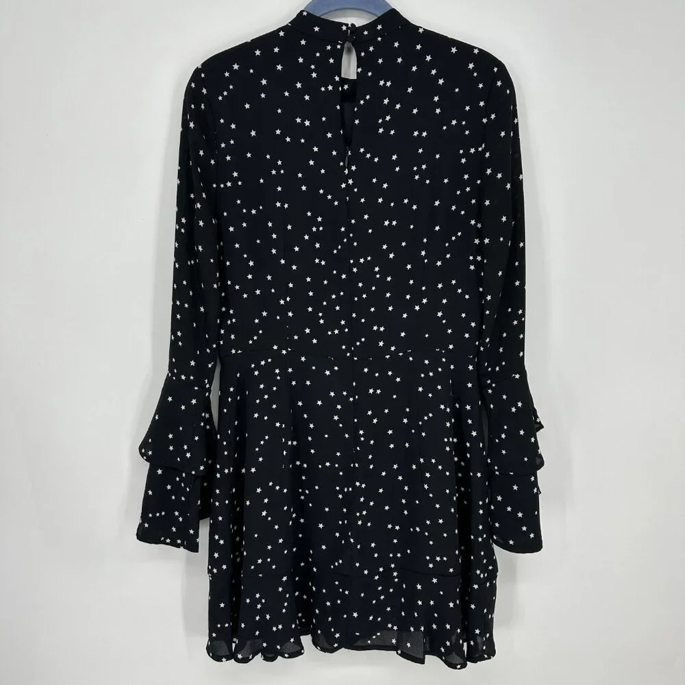 Lucky Brand Star Print Mini Dress M Long Bell Sleeves A Line Black